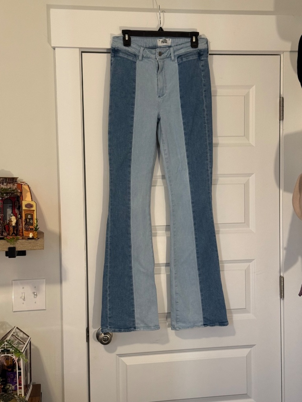Paige Laurel Canyon High Rise Flare Jeans Two Tone Blue Paneled